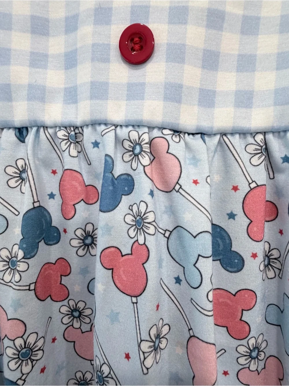 Baby Girl Gingham & Mickey Print Romper - Red & Light Blue